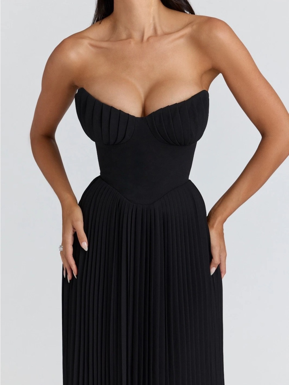House of CB Marcella georgette Black Pleated Maxi corset Dress